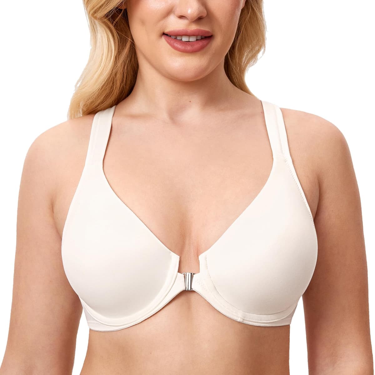 Delimira Women's Front Fastening Bras Seamless Unlined Racer Back Plus Size Underwired Plunge Bra — view 29