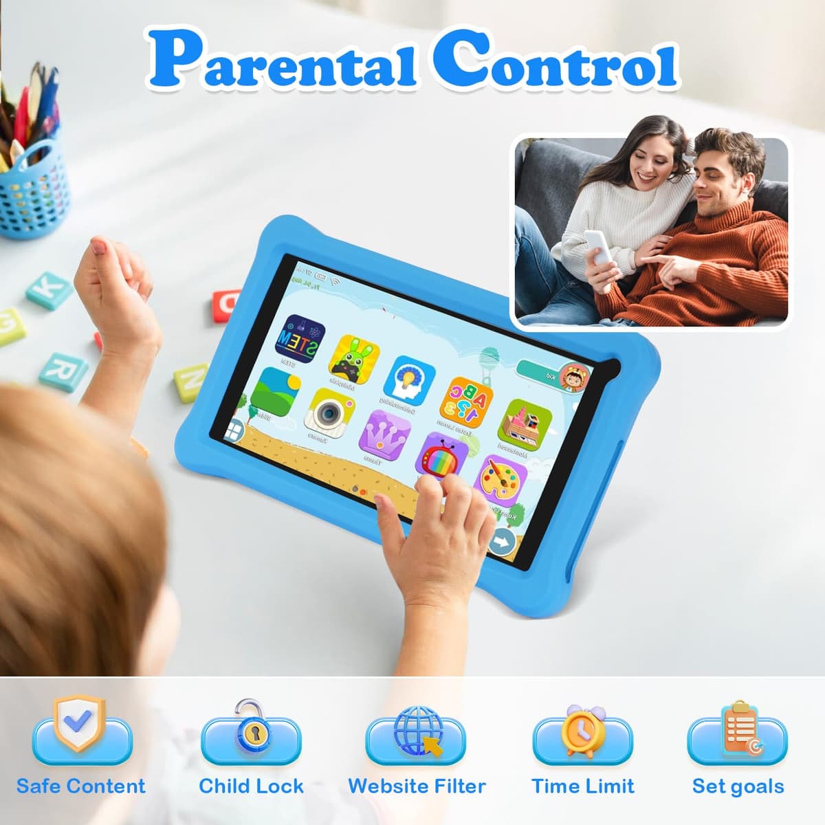Tablet para Niños 7 Pulgadas, Tablet Android 13 con 8GB RAM 64GB ROM (mpliable 256 GB), Control Parental, Pantalla IPS HD, GMS Certified, WiFi, Tableta Niños Educativo con Funda de EVA (Azul) — view 4