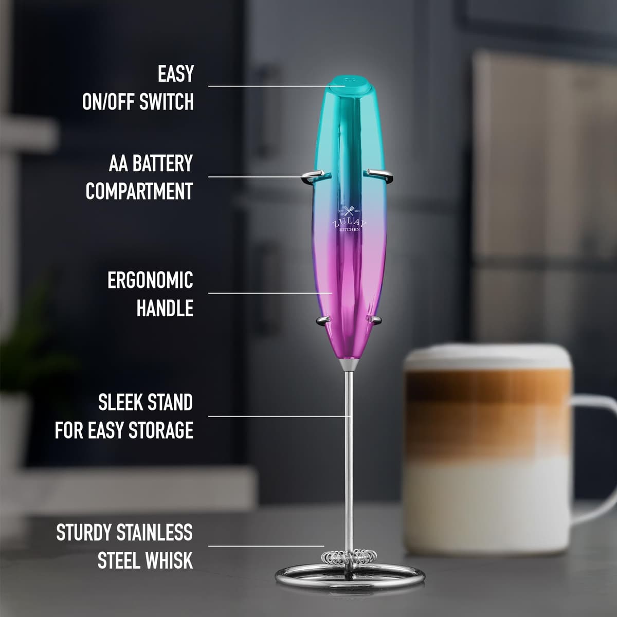 Zulay Executive Series - Espumador de leche de regalo para café con acabado lujoso y radiante, espumador de café de mano, espumador de leche eléctrico de mano para lattes (verde azulado y rosa — view 5