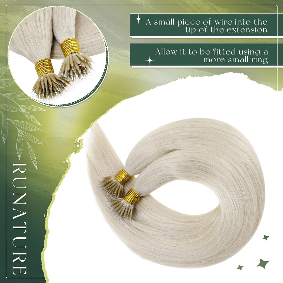 RUNATURE 24 Inch Nano Beads Hair Extensions Human Hair Blonde Nano Hair Extensions Real Human Hair White Blonde Invisible Nano Rings Straight Remy Hair 50g/50s #800 — view 3