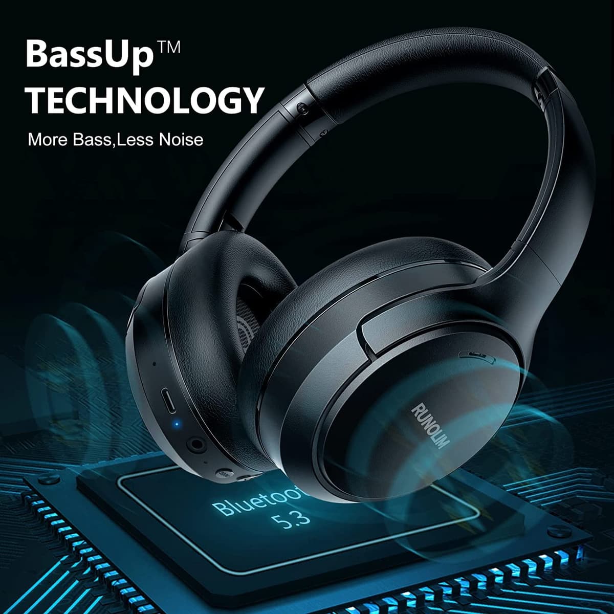 RUNOLIM Hybrid Active Noise Cancelling Headphones, Wireless Over Ear Bluetooth Headphones with Microphone, 70H Playtime, Foldable Wireless Headphones with HiFi Audio, Deep Bass for Home Travel Office — view 6