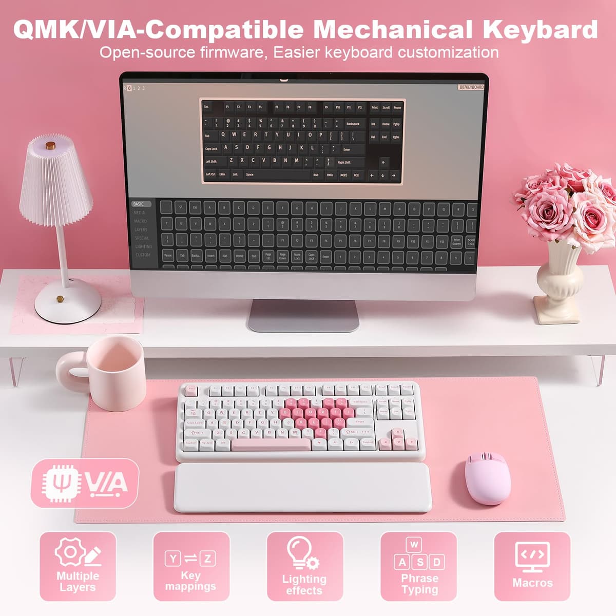 YUNZII B87 Wireless Mechanical Keyboard,QMK/VIA Software Custom Gaming,Gasket RGB Keyboard with Cute MOA Keycaps,Wrist Rest,BT5.0/2.4G/USB-C NKRO for Win/Mac (white heart, milk v2 linear) — view 5