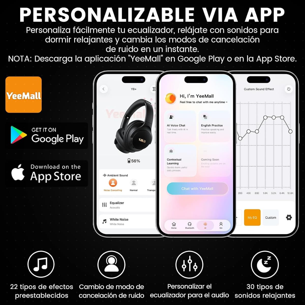 1Mii AI Y8+ Auriculares Inalámbricos Bluetooth 6.0 Cancelación de Ruido Activa Híbrida Cascos, LDAC Hi-Res Audio, 100H de Reproducción, Traducción IA, Chat de Voz, EQ con App - Negro — view 7
