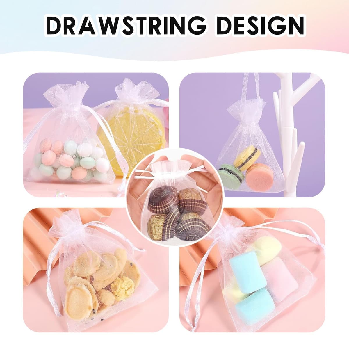 Quelcc 100 Piezas Bolsas de Organza, 7x9cm Bolsas Organza, Bolsitas de Tela Pequeñas Blancas para Bolsas Regalo con Cordón, Bolsita de Tul, Joyas, para Boda Favores Joyas y Dulces — view 4