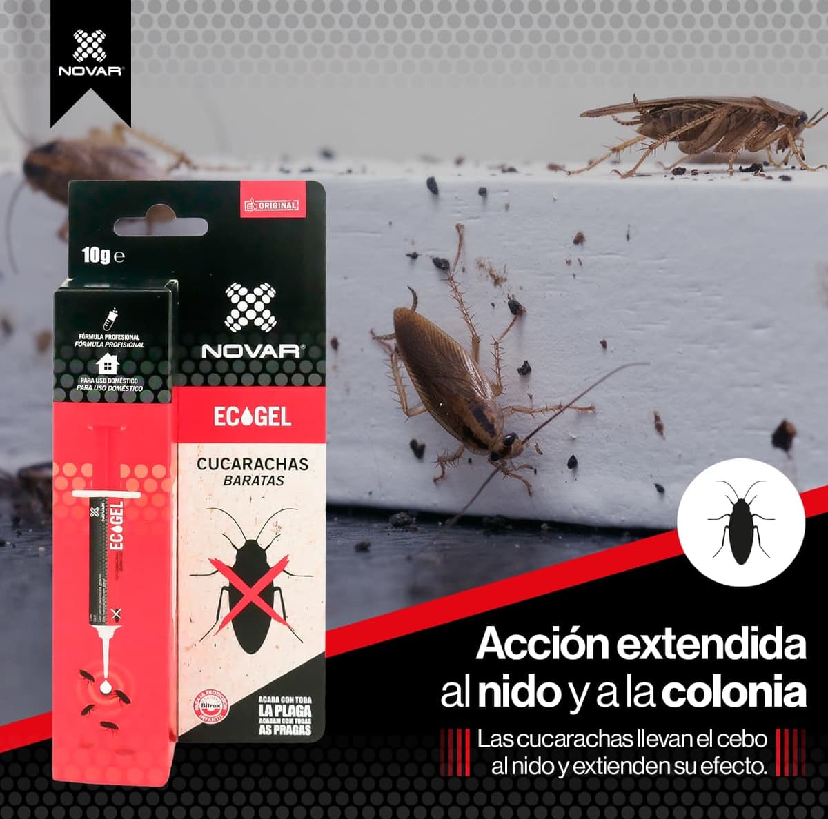 NOVAR ECOGEL Jeringuilla contra cucarachas | Eficacia Profesional| Elimina 50 cucarachas con una Sola Gota, insectos | 10 gr Ecopack — view 2
