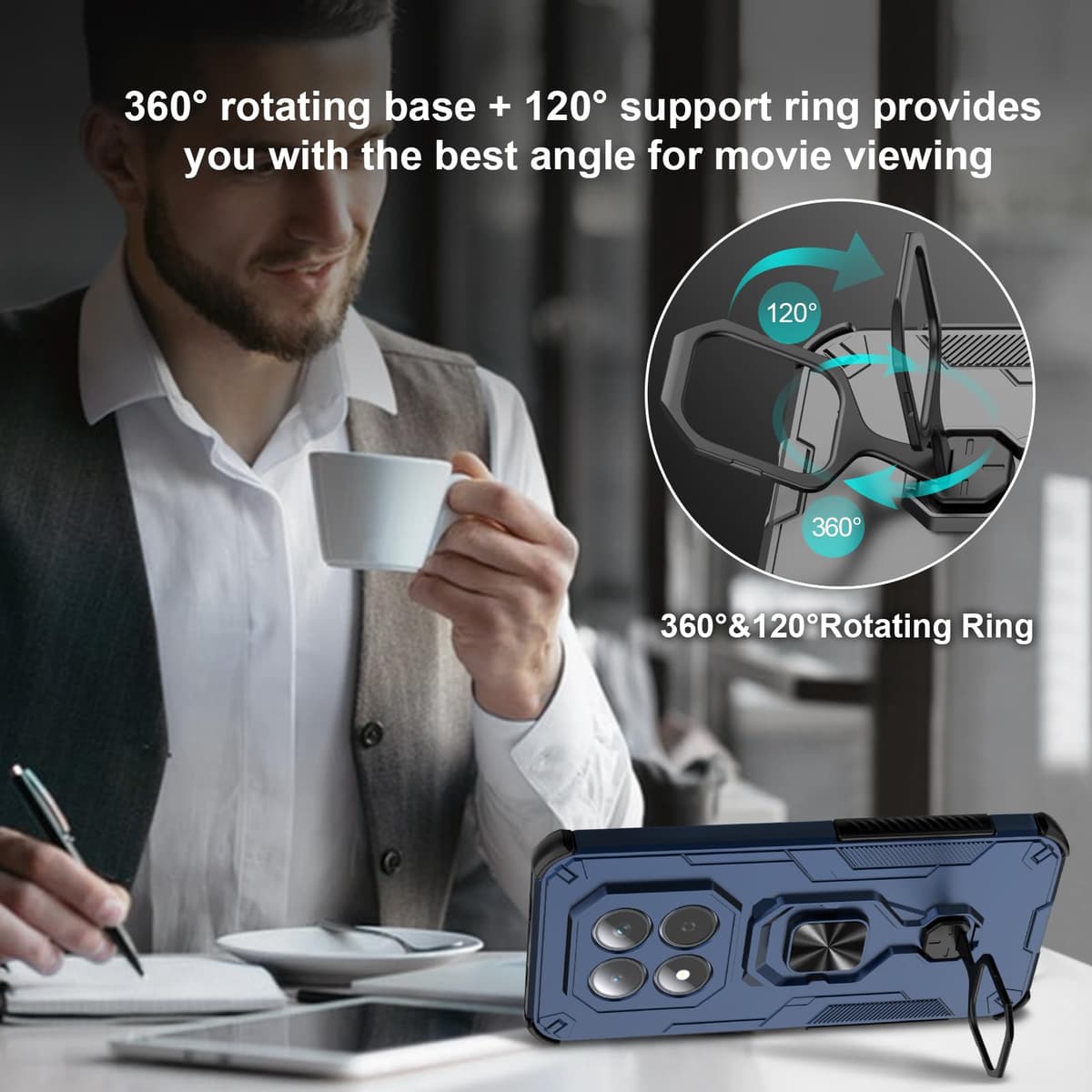 Funda para Xiaomi Redmi Note 15 Pro 5G, Carcasa Antigolpes con Soporte anular metálico, Case Protectora de Grado Militar, Azul — view 3