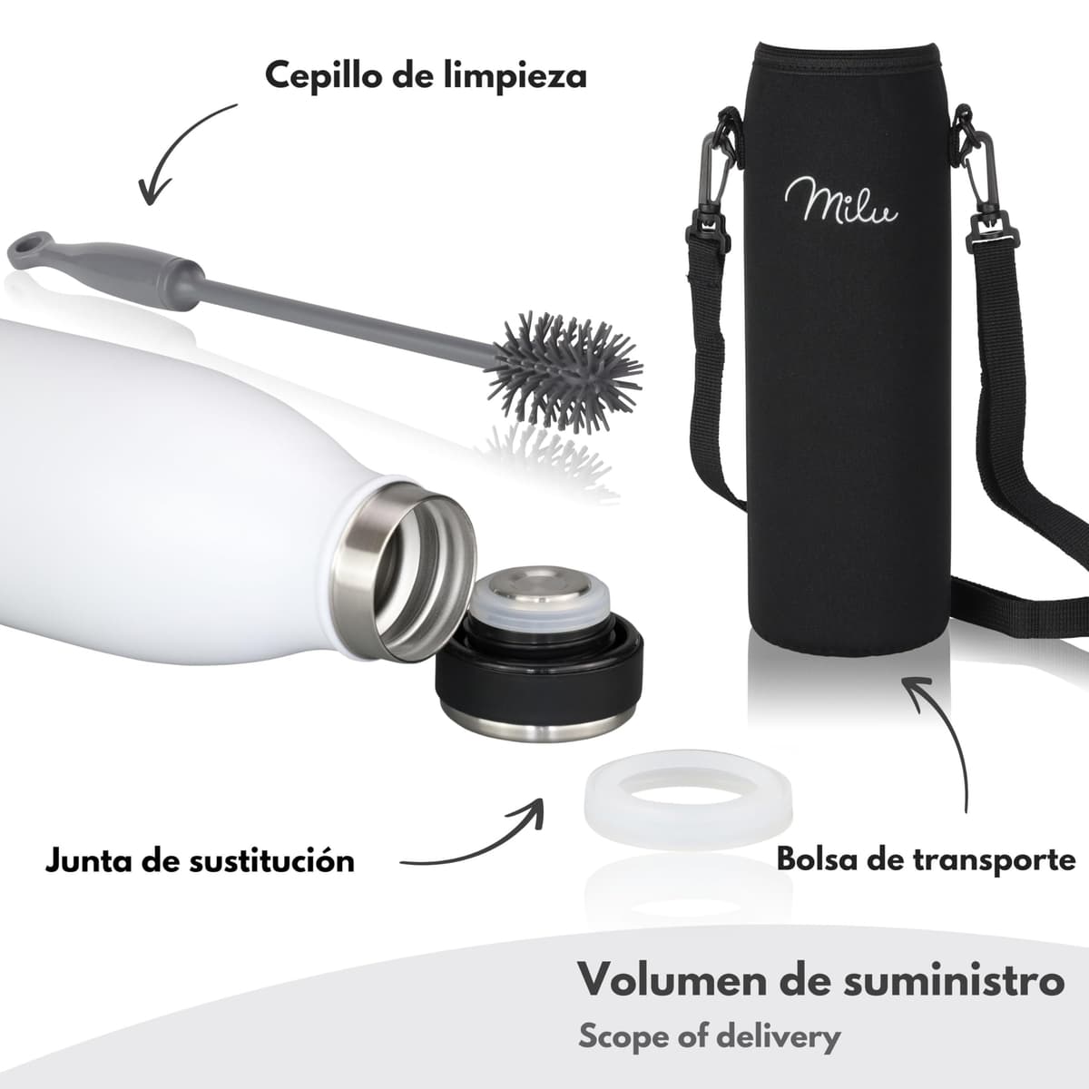 Milu Botella de acero inoxidable de 350ml 500ml 750 ml 1 L 1,5 L botella de agua aislada, termo a prueba de fugas, doble pared, apta para ácido carbónico + cepillo de limpieza (Azul Violeta, 350ml) — view 107