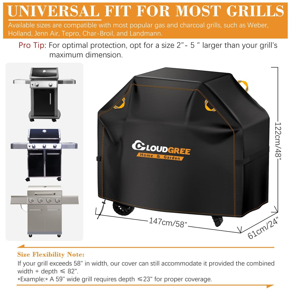 BBQ Gas Grill Cover, Cloudgree Oxford Fabric Barbecue Cover for Outdoor Grill, Waterproof, Rip-Proof, UV & Fade Resistant, BBQ Cover for Weber, Brinkmann, Char-Broil (147 x 61 x 122 cm) — view 5
