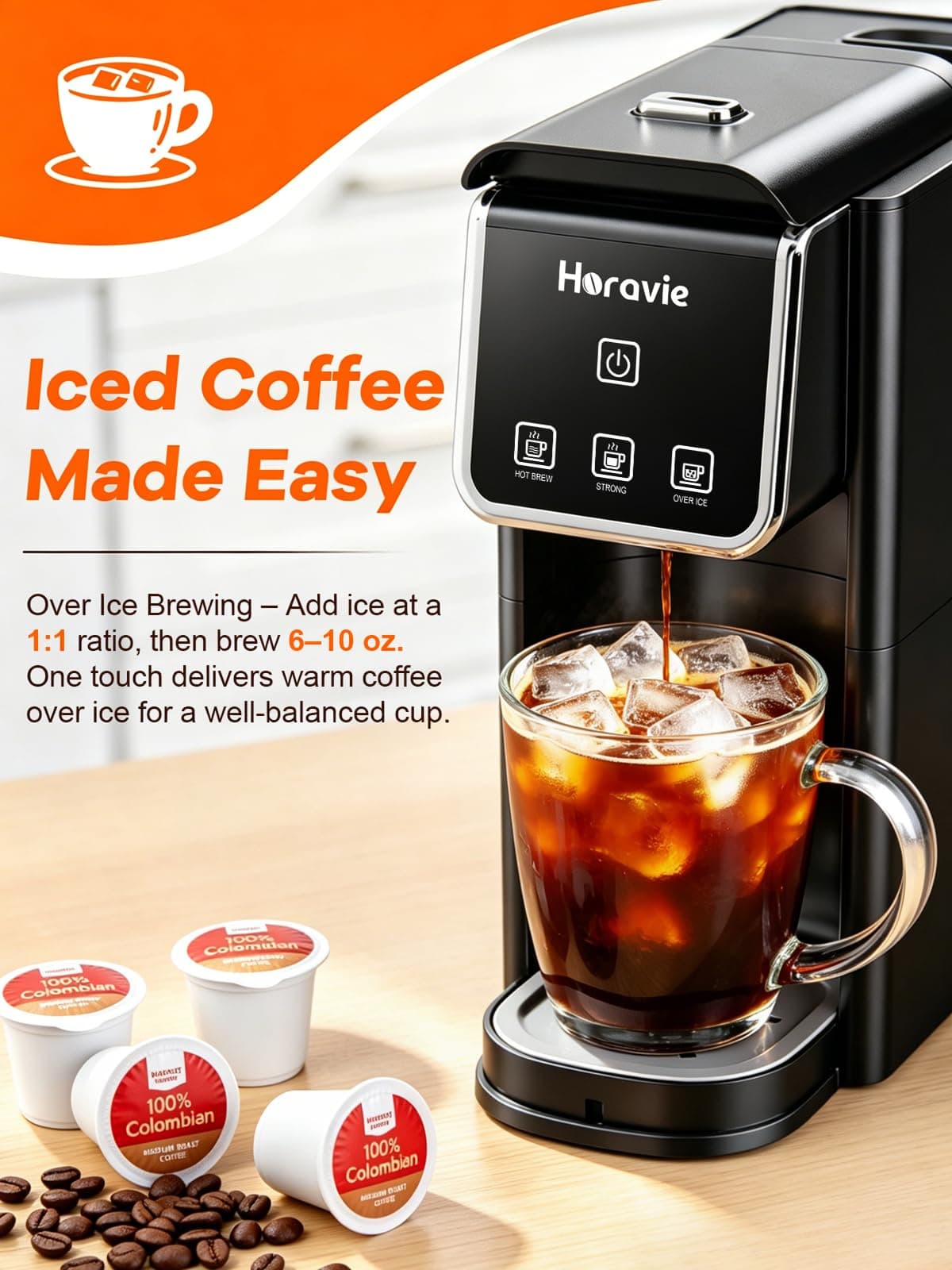 Horavie Mini Single Serve Coffee Maker, Hot & Iced Coffee Maker for K-Pod and Grounds, 6-12 oz Brew Sizes One Cup Coffee Machine, Strong Brew Setting, Black — view 5