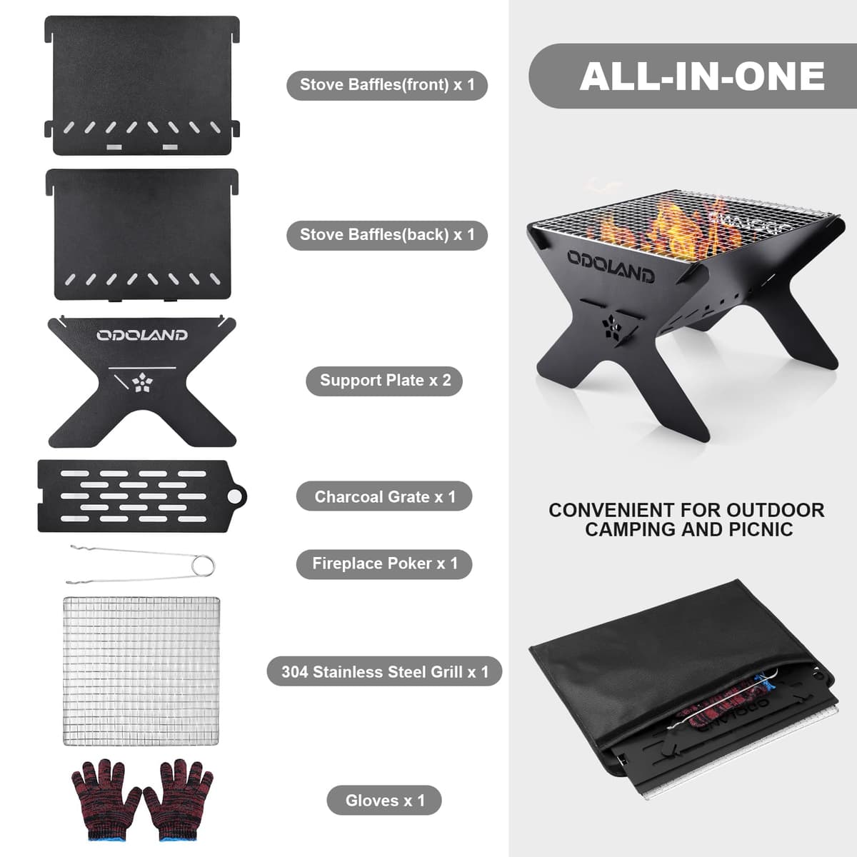 Odoland Camping Fire Pit, Portable Fire Pit for Camping, 2 in 1 Wood Burning Fire pit Grill with Detachable Cooking Grate for Outdoor BBQ, with Carry Bag — view 2