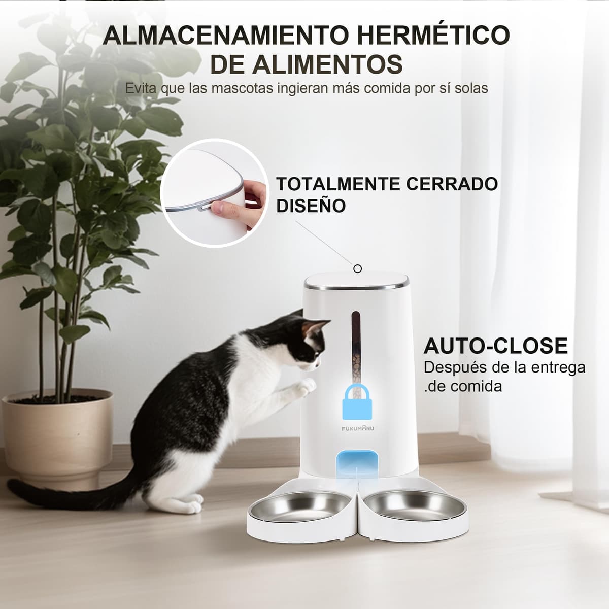 FUKUMARU WiFi Automatic Cat Feeder, 4L Food Dispenser for Dog/Cat with Two Bowls, Customized Program of Automatic Feeding, Battery Operated and Electrical Wiring, White — view 2