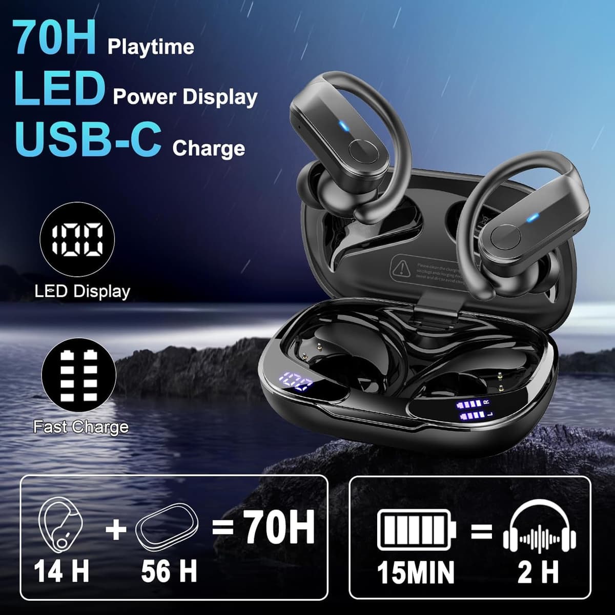 Wireless Earbuds Sports, 2026 Bluetooth 5.4 Headphones with 70H Deep Bass Over Ear Buds, IPX8 Waterproof ENC Noise Cancelling Earphones, Running Headphones with Earhooks, USB-C Headset for Workout/Gym — view 5
