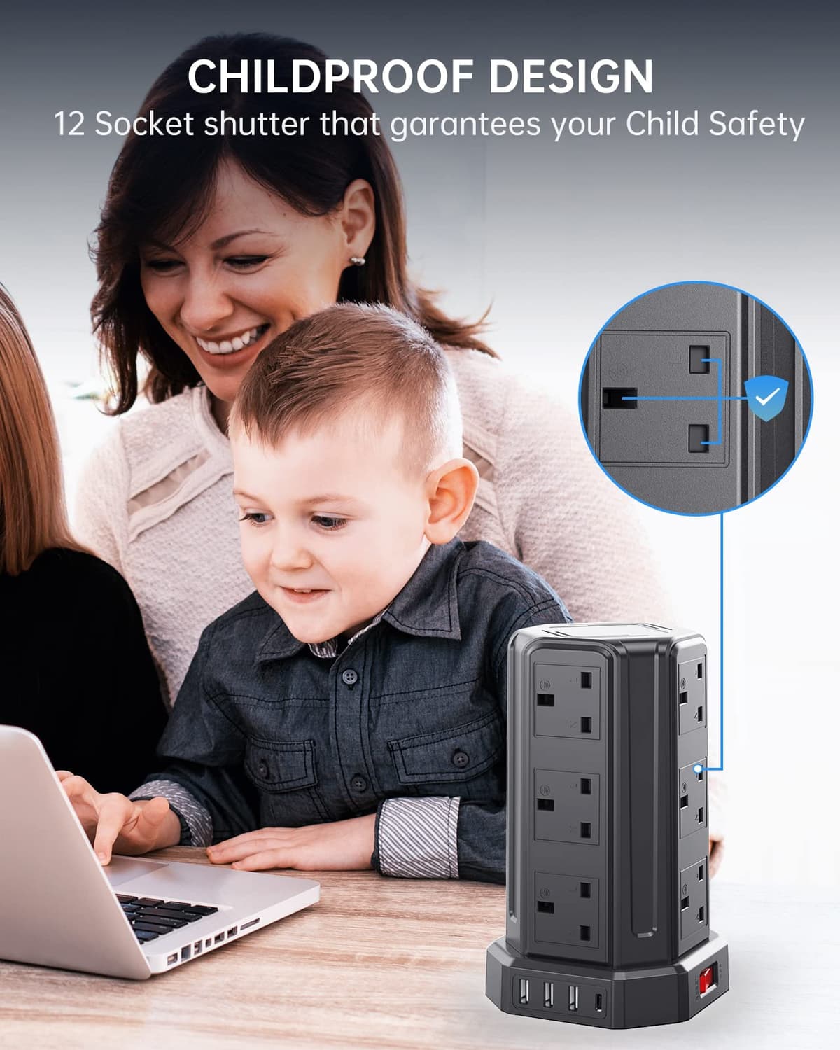 Tower Extension Lead, Aodeng 12 Way Extension Tower Multi Plug Extension Sockets with 4 USB Slots, [13A 3250W] Surge Protector Long Extension cable for Home, Office, Kitchen — view 6
