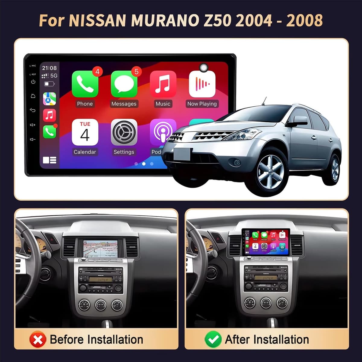 Radio para Coche Android 15 con Pantalla táctil HD de 9 Pulgadas para Nissan Murano Z50 2004-2008 Carplay cámara de visión Trasera Mirror Link Reproductor Multimedia estéreo para Coche (RS40 4+64 GB) — view 2