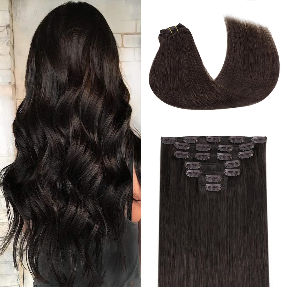 GOO GOO Clip in Hair Extensions Human Hair, 18inch 150g 9Pcs, #2 Dark Brown, Hair extensions for women, Human Hair Extensions Clip in — view 233