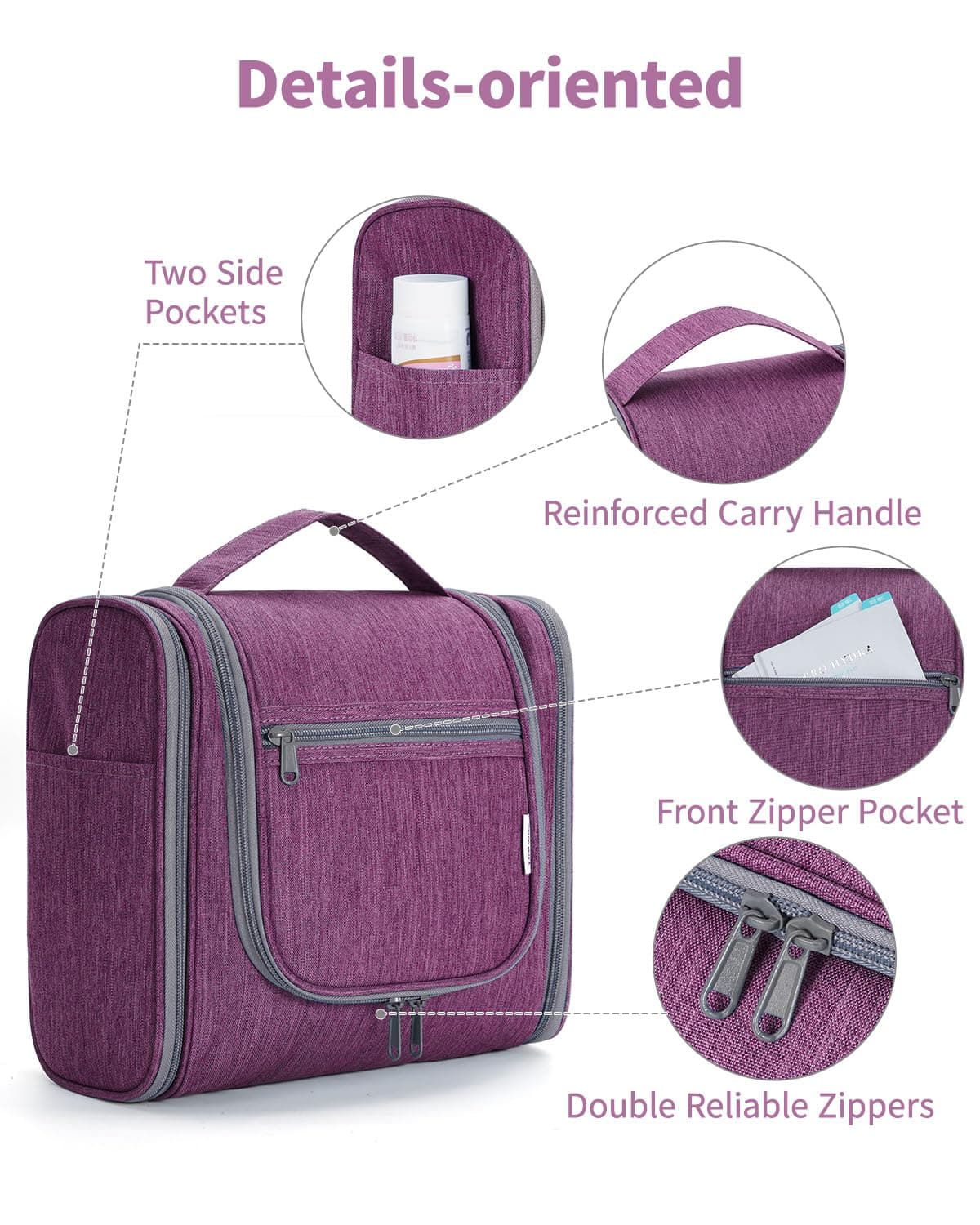 Narwey Neceser Mujer Bolsa de Aseo Colgante, Organizador de Maquillaje Neceser Viaje para Hombre y Mujer Accesorios de Viaje (moradoe(Grande)) — view 4