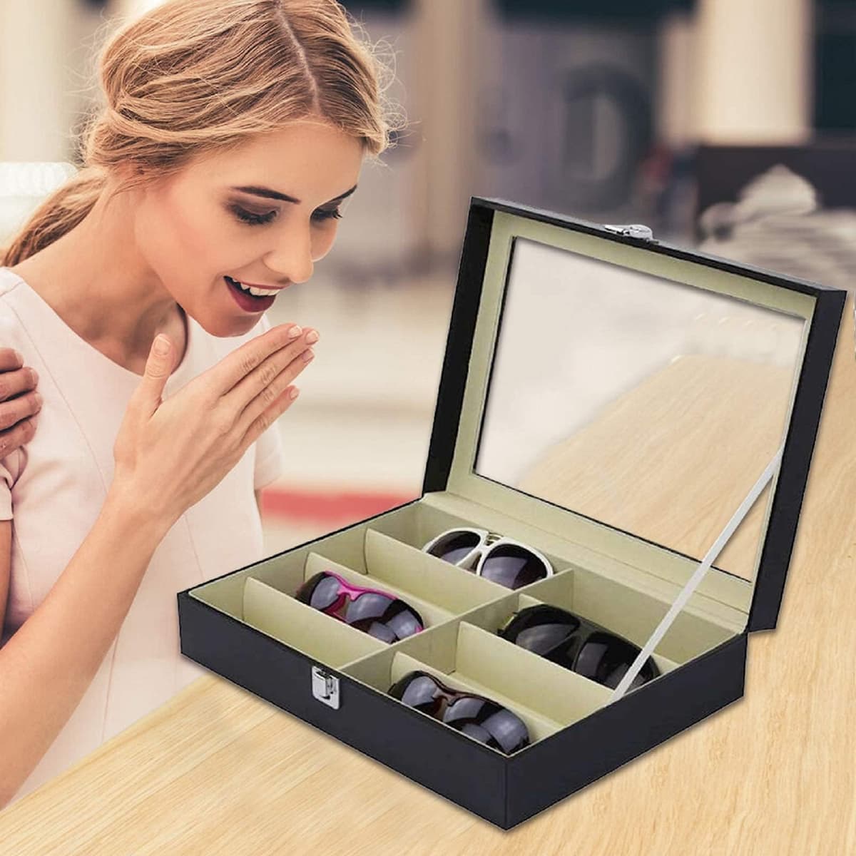 KingSaid Caja Organizadora de Gafas con Tapa de Cristal y Cajones – Estuche Expositor de Gafas de Sol y Joyas, Cuero Sintético Premium, Gran Capacidad, para Hombre y Mujer (Una planta) — view 5