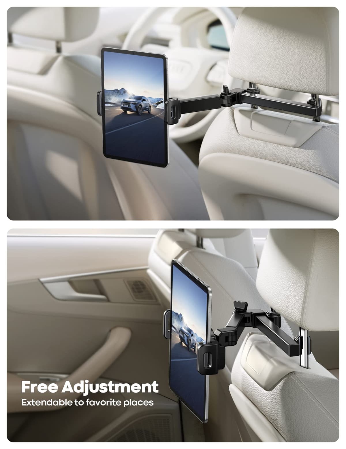 Lamicall Car Headrest Tablet Mount - [Aluminium Arm] 2025 Adjustable Car Tablet Holder, 360° Rotating Backseat Mount for Kids, for 2024 iPad Pro 13, Air 6, Mini, Tab, Phones, 4.7-13” Device - Black — view 3