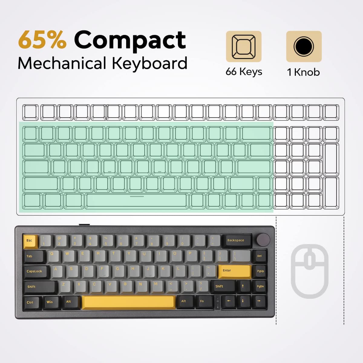 EPOMAKER EK68 Teclado Mecánico Inalámbrico/Bluetooth/USB-C. 65% Teclado con batería 3000mAh,Volumen botón,RGB,Hot Swap,para Juegos/Oficina/PC/Mac/Linux (US Negro Oro, Gateron Yellow Switch) — view 2