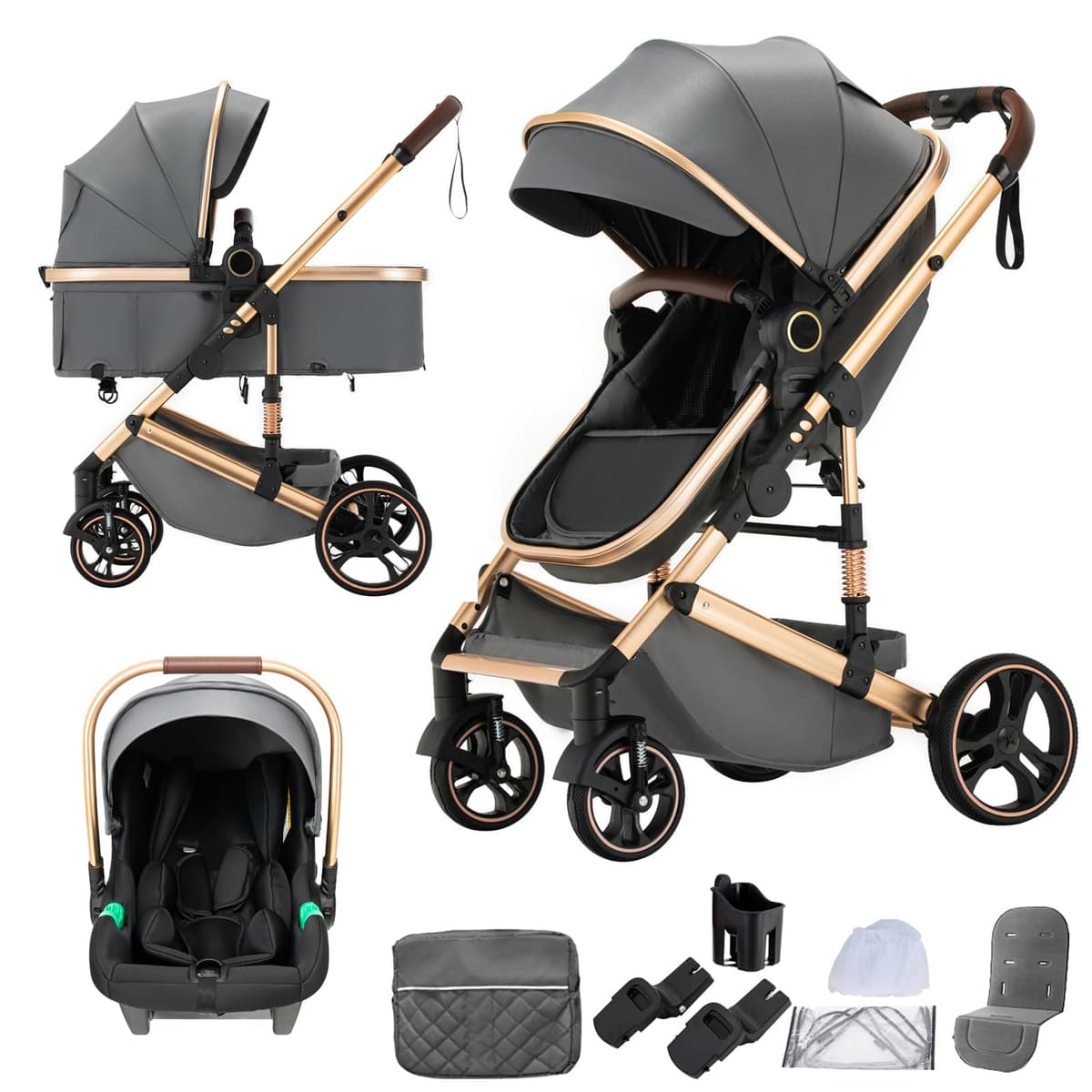 3 in 1 Baby Stroller with Height Adjustable Handle,3 in 1 Prams Travel System, Lightweight Foldable Pushchair, Prams with Aluminum Frame for Portable Baby Carriage (D2 Pink, H2-D) — view 13