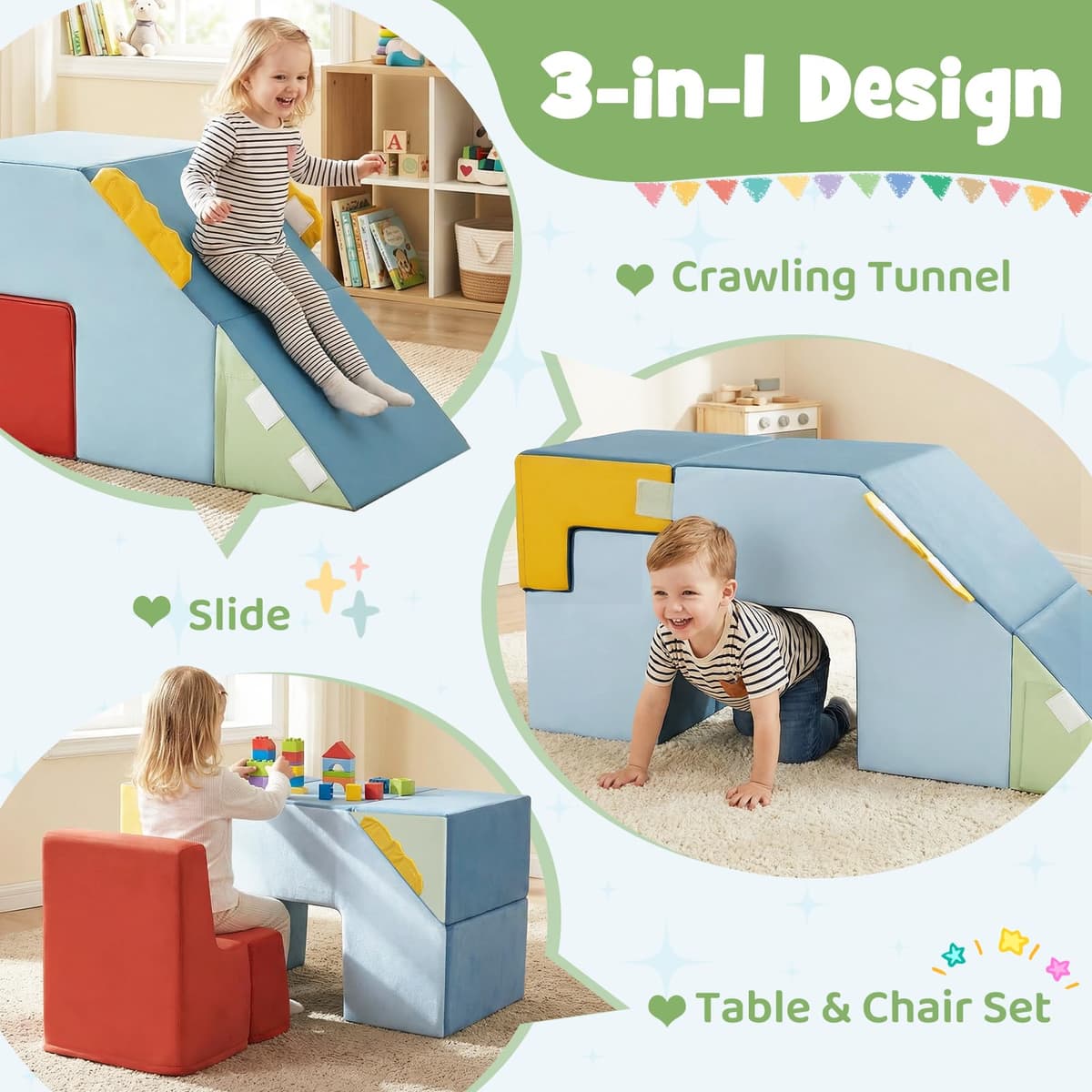 FANTASK 4 Piezas de Espuma 3 en 1, Bloques de construcción Blandos con Escalera y túnel, Certificado EN-71, Gigante Gateo y Bloques deslizantes, Juego de Interior XXL para niños a Partir de 1 año — view 2