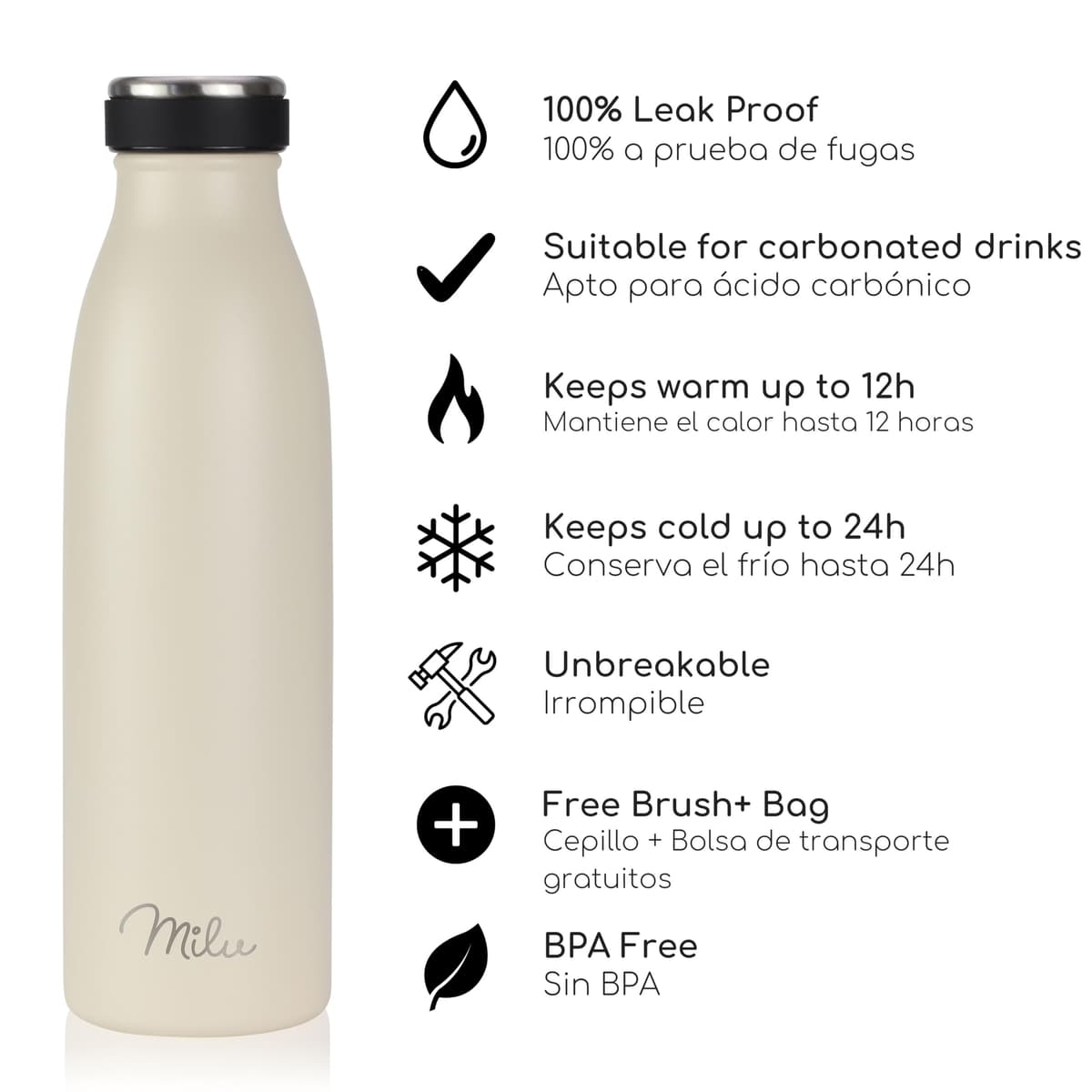 Milu Botella de acero inoxidable de 350ml 500ml 750 ml 1 L 1,5 L botella de agua aislada, termo a prueba de fugas, doble pared, apta para ácido carbónico + cepillo de limpieza (Azul Violeta, 350ml) — view 225