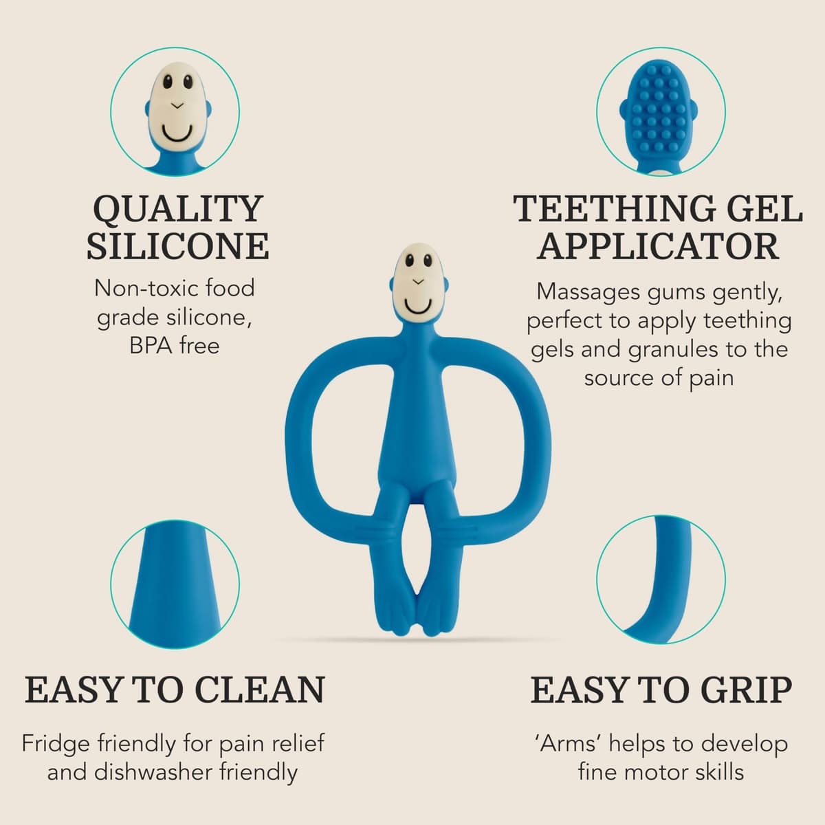 Matchstick Monkey, Original Teether & Gel Applicator, Antimicrobial Silicone Teething Toys for Baby, Easy to Grip, BPA Free, 3 Months Old+, 10.5 cm, Blue Monkey — view 7