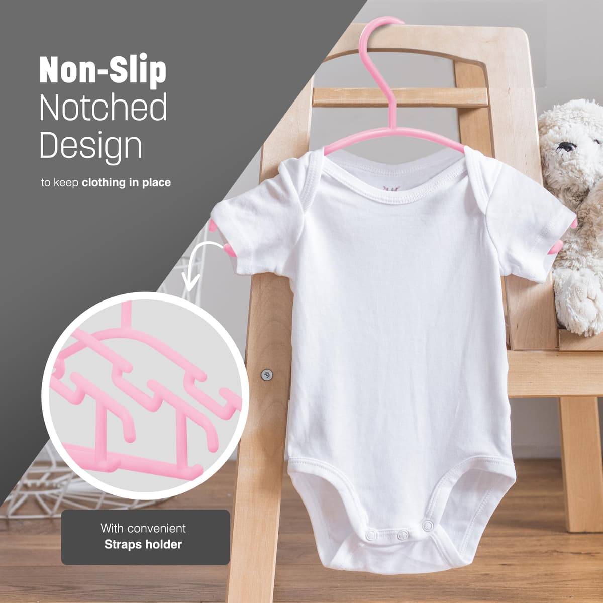 KEPLIN 36 Pack Children's Hangers, Plastic, Nonslip Baby Coat Hanger, Space Saving Tubular Hangers, More Storage for Kids Children Clothes Dresses (Pink) — view 6