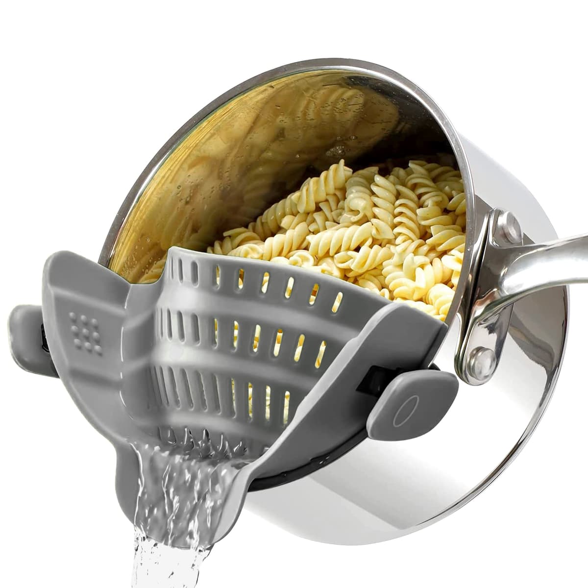 Strainer and Pasta Strainer - Adjustable Silicone Clip On Strainer for Pots, Pans, and Bowls, Kitchen Gadget, Gadgets for Home, Kitchen Must Haves, Fits All Bowls and Pots - Grey