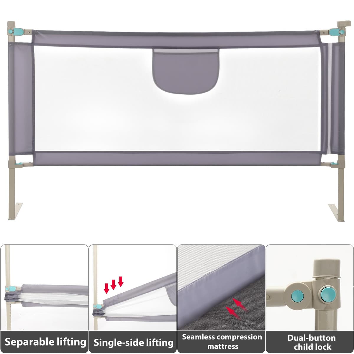 Barrera Seguridad Niños Cama, Barandilla Cama 150/180/200cm, Protección Anticaídas con Malla Transpirable, Barandilla Regulable en Altura 69-98 cm, Pasamanos con Bolsillo Lateral, Apto para Boxspring — view 4