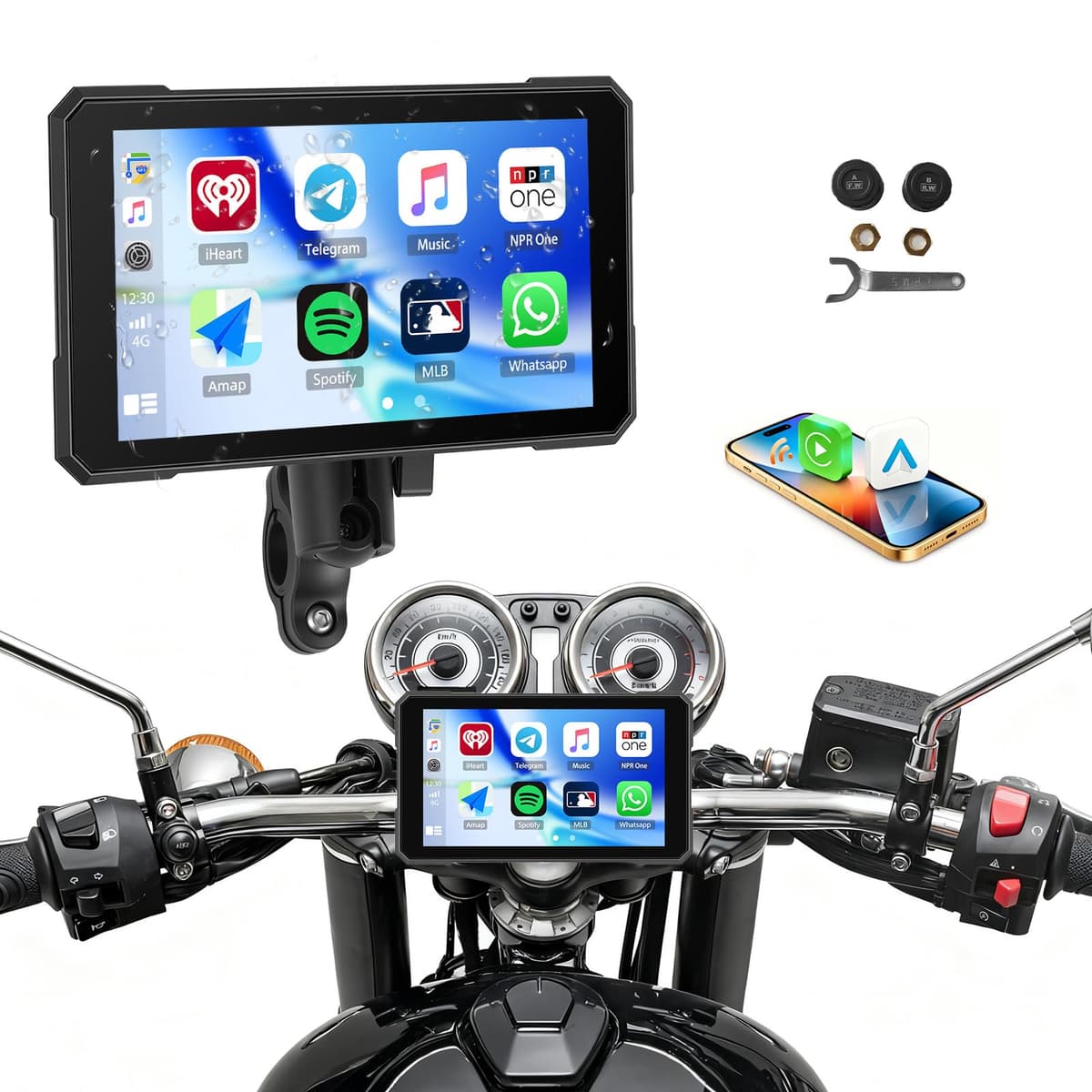 CAMECHO Motorrad CarPlay mit Dual-Kameras, 8.1“ Wireless CarPlay & Android Auto IPS68 Bildschirm, Motorrad navi Unterstützung Bluetooth/Mirror-Link/Bluetooth/EQ/Druckdetektion