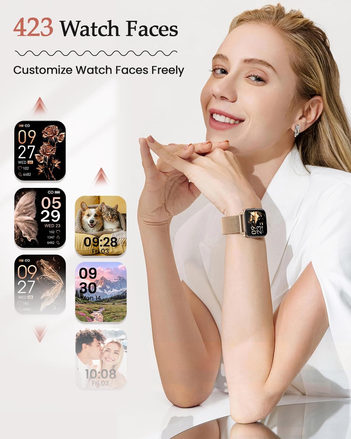 2026 Nuevo Reloj Inteligente Mujer, 1.85" AMOLED Smartwatch con Llamadas Función Femenina, 24H SpO2/Pulsómetro/Sueño,113+ Modos Deportivos 5ATM Calorías Podómetro WhatsApp Android iOS Oro Rosa, Regalo — view 2