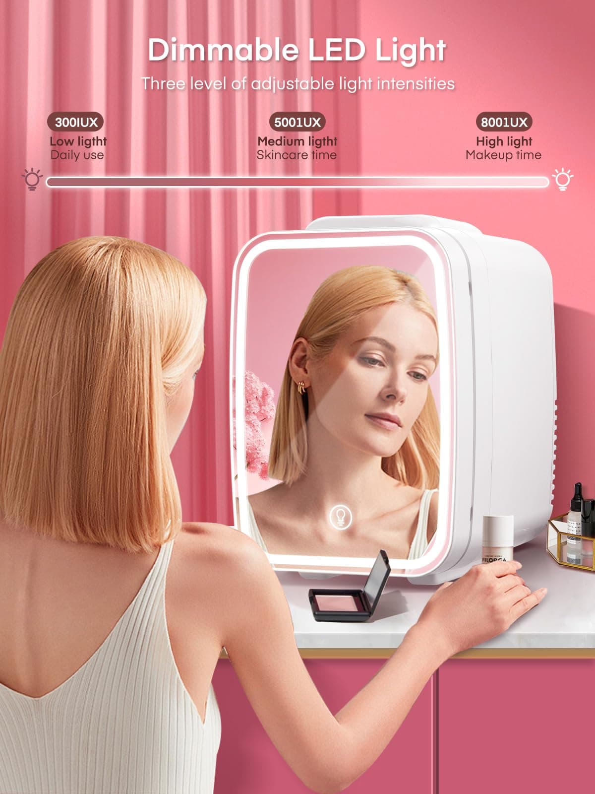 FOHERE Mini Fridge for Bedrooms, 5L/6 Can Portable Skincare Fridge with Dimmable LED Light Mirror, Cooler & Warmer for Food, Drinks and Cosmetic, Small Refrigerator for Home Office — view 2