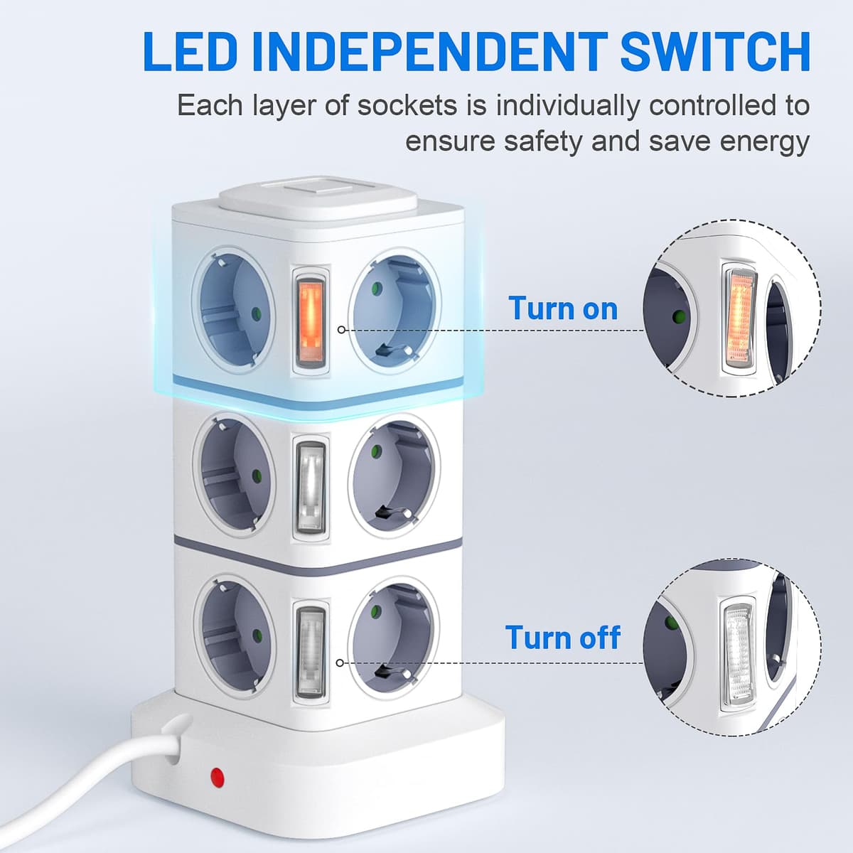 Power Strip Sockets 16 in 1 Vertical Power Strip Plugs with 12 Outlets and 2USB-A 2USB-A 2USB-C Tower Power Strips Sockets 2500W/10A Overload Protection 3 Meter Cable with Switch for Office Home — view 4