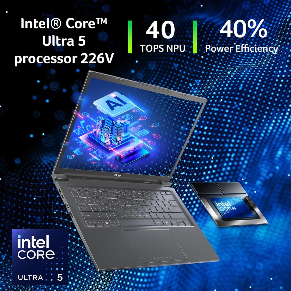 acer Aspire 14 AI Copilot+ PC | 14" WUXGA Display | Intel Core Ultra 5 Processor 226V | NPU: Up to 40 Tops - GPU: Up to 53 Tops | Intel ARC 130V | 16GB LPDDR5X | 512GB SSD | Wi-Fi 6E | A14-52M-51S1 — view 4