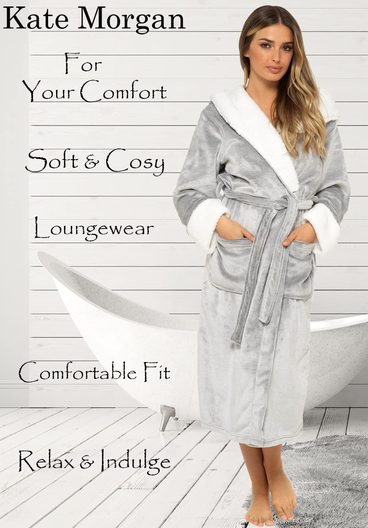 KATE MORGAN Ladies Dressing Gown Fluffy Super Soft Hooded Bathrobe for Women Plush Fleece Perfect Loungewear Long Robe | Gifts for Women — view 2