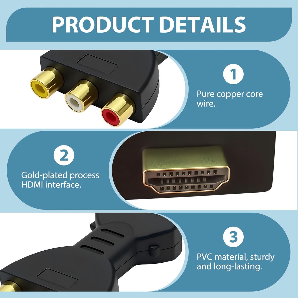 Adaptador HDM a RCA Convertidor HDM a AV Conector Audio Video Rojo Blanco Amarillo Convertidor Componentes Señal Digital para PC Laptops HDTV Monitores Proyectores Consolas Videojuegos Reproductores — view 4