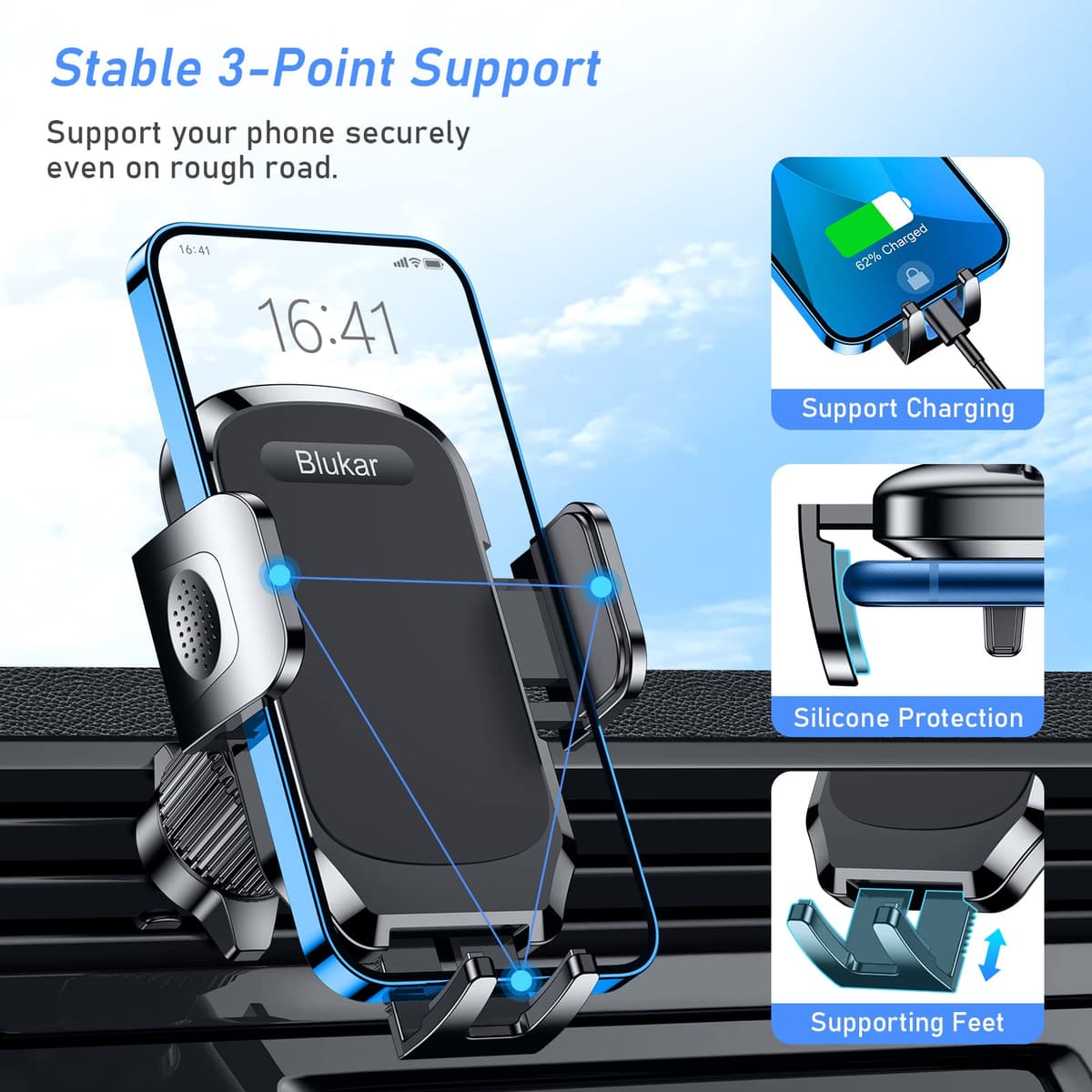 Blukar Car Phone Holder, Air Vent Car Phone Mount Cradle 360° Rotation - Upgraded Super Stable Hook Clip - One Button Release Holder for iPhone, Galaxy, All 4.0''-6.7'' Smartphones — view 3