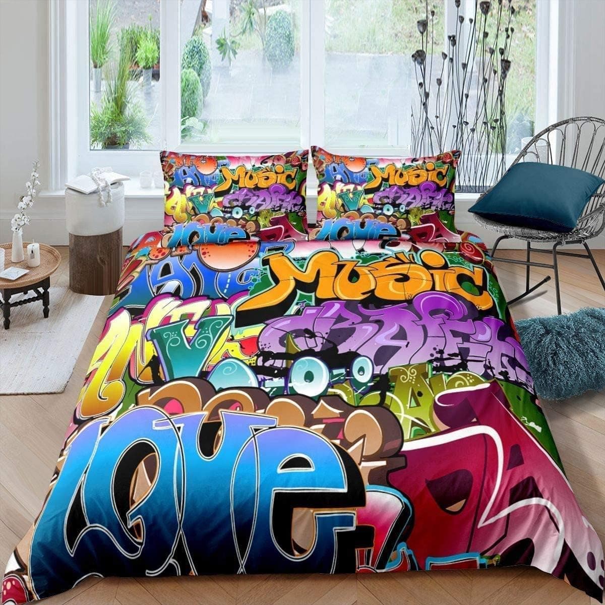 Juego de Estilo Graffiti Hip-Hop, Funda de edredón para niños y ilustración Juvenil, Funda de edredón Decor para Hombre Joven, Cultura callejera, 3 Piezas,