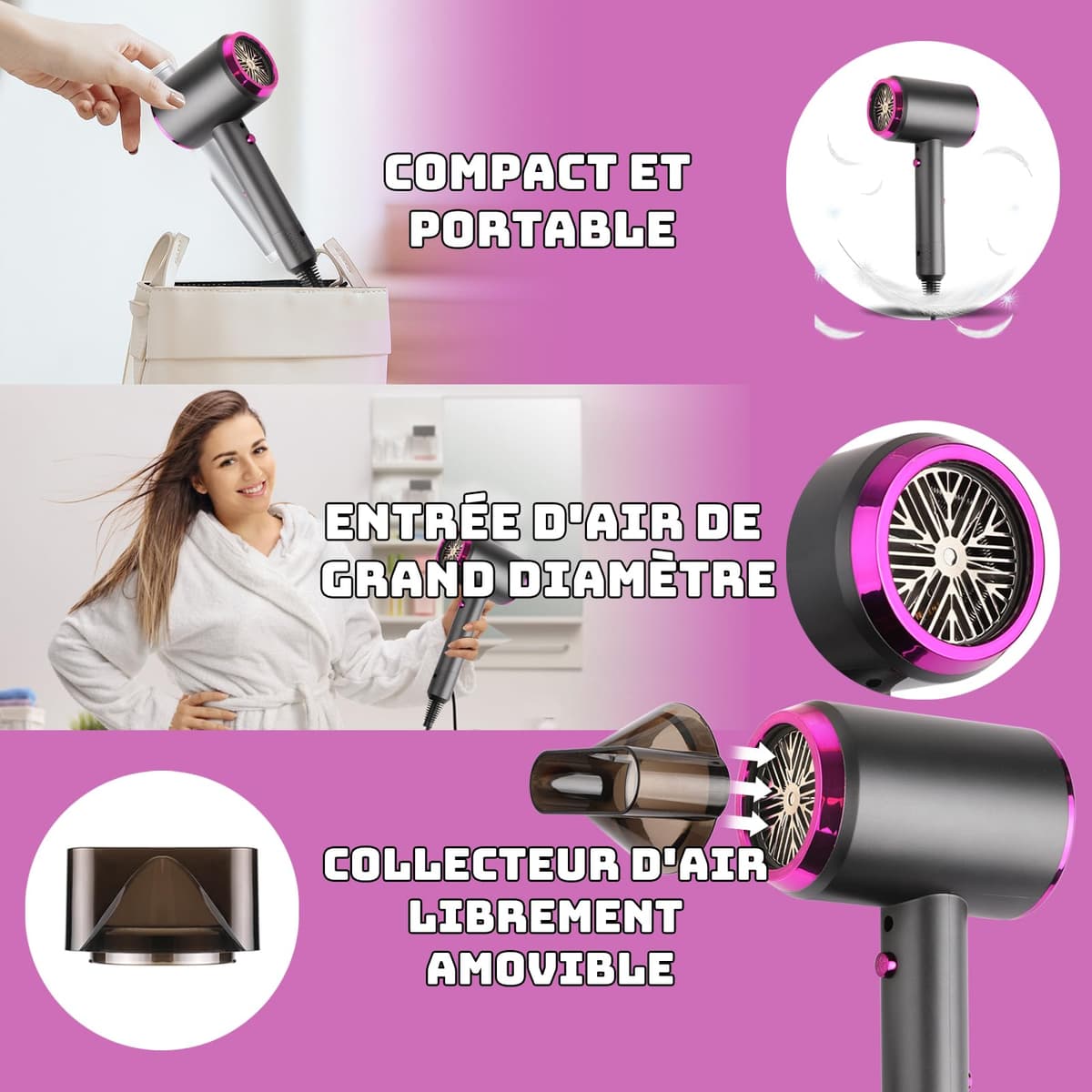 Secador de Pelo Profesional Iónico, Secado Rápido, 3 Niveles de Temperatura, Botón de Aire Frío, Incluye Concentrador, Secador de Cabello para Salón, Viaje y Casa — view 2