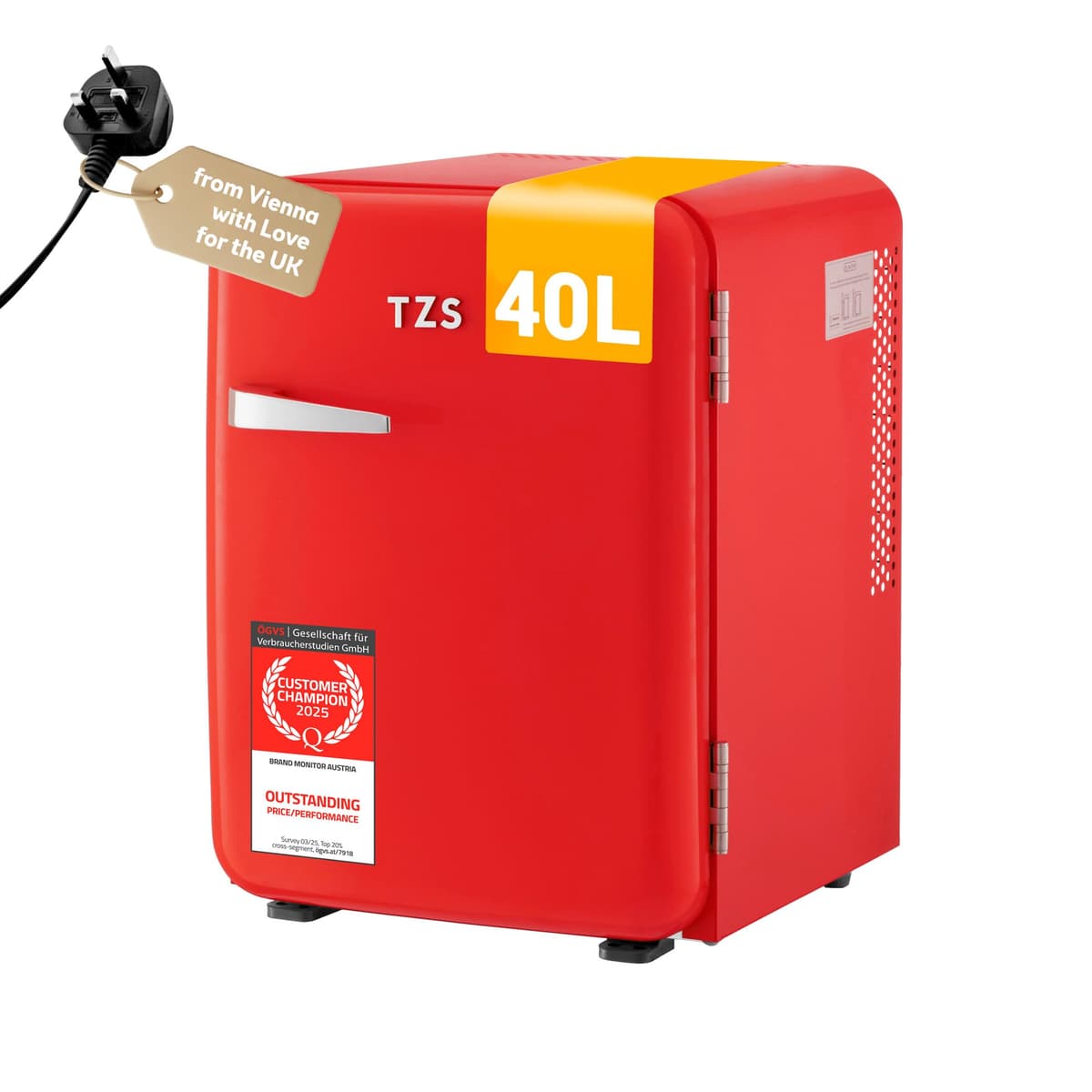 TZS First Austria - Retro Mini Fridge 40L Silent - Small mini fridge in vintage design with interior lighting & 2 door compartments - Minibar for camping, office, bedroom & hotel - red