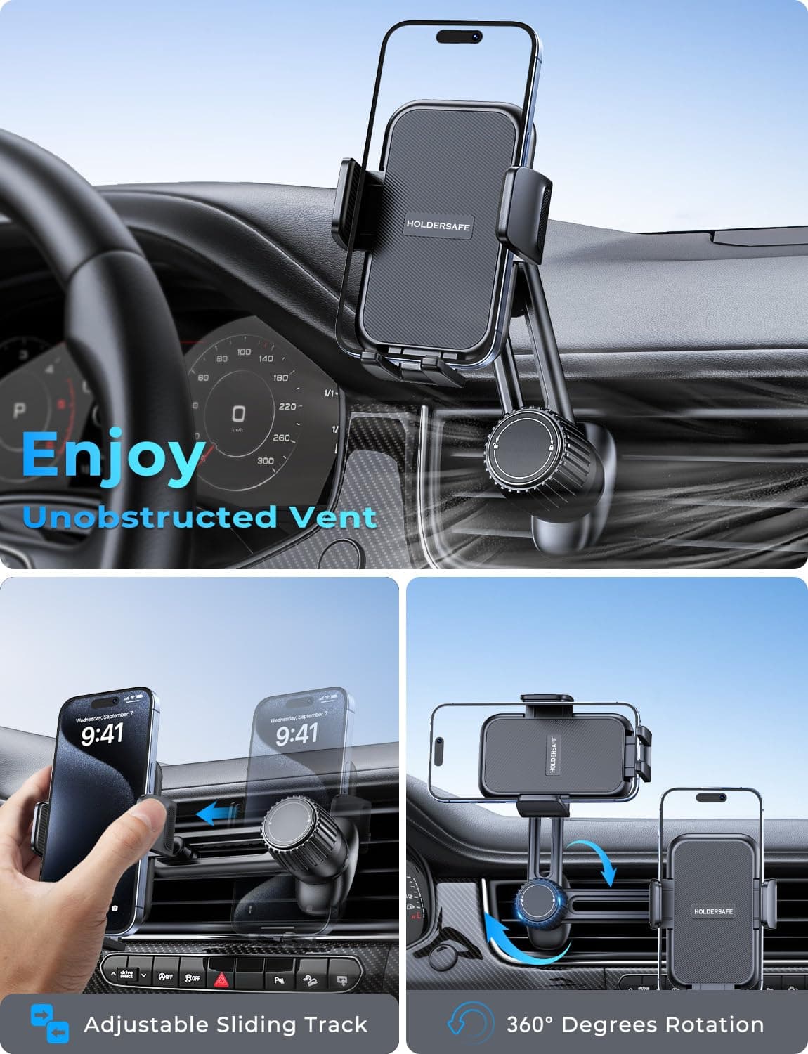 Soporte Móvil Coche Porta Telephone: [360°Rotación & Liberación de un Botón] Suporte Sujeta Teléfono Coche del Aire Ventilación, Cunas de teléfonos móviles Coches para iPhone/Samsung/Huawei/Xiaomi — view 3