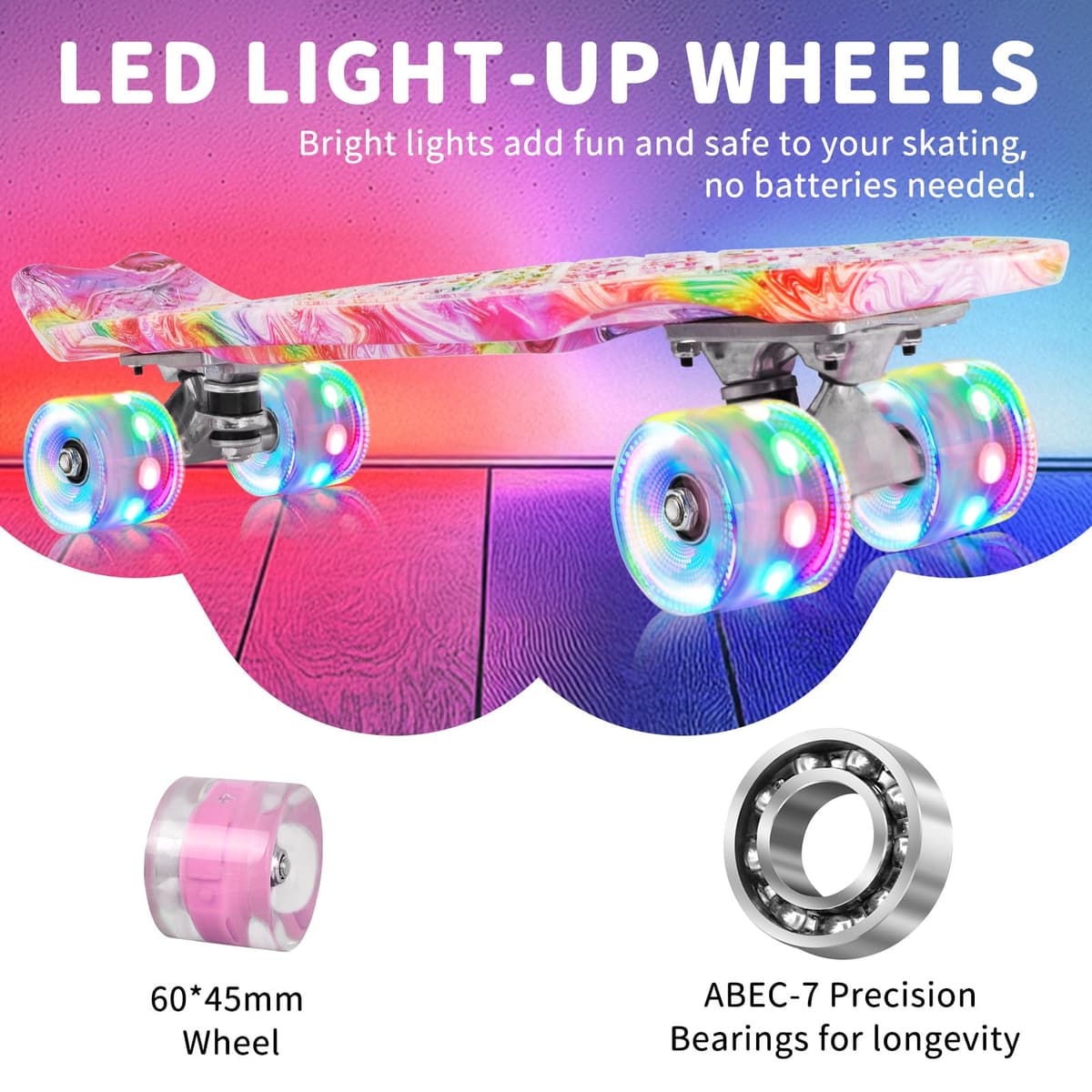 BELEEV Skateboard Complete 22 x 6 Inch Mini, para Niños, Adolescentes, Principiantes, Ruedas con luz LED de PU con Herramienta en T para Patines Todo en Uno, Monopatín 55cm — view 2