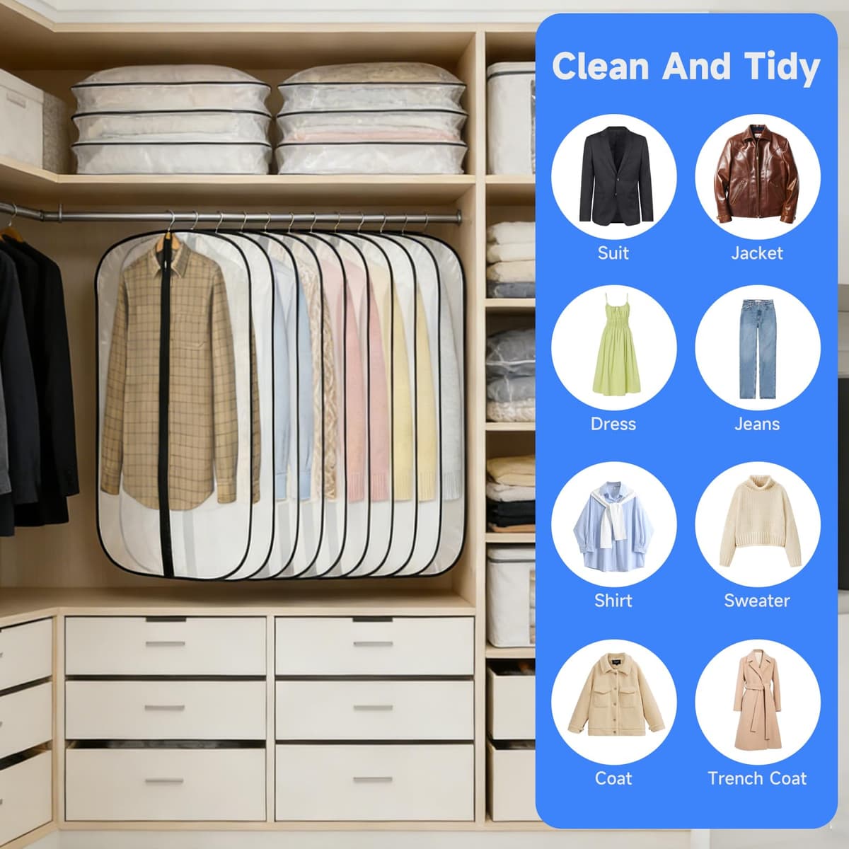 12 Fundas de Ropa, Bolsas Guardar Prendas Antipolvo Impermeables para Trajes, Vestidos, Camisas de Noche, Fundas Ropa Armario Transparente, Bolsas para Prendas a Prueba de Polillas — view 5