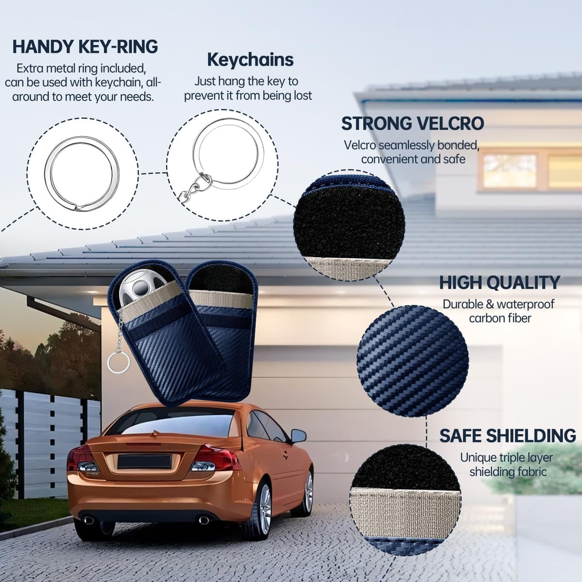 Faraday Pouch for Car Keys, Pack of 2 Anti-Theft RFID Key Fob Protection Bag with 4 Pack Key Rings for Car Security, Keyless Entry Car Keys Case, M, Blue Blue M — view 4