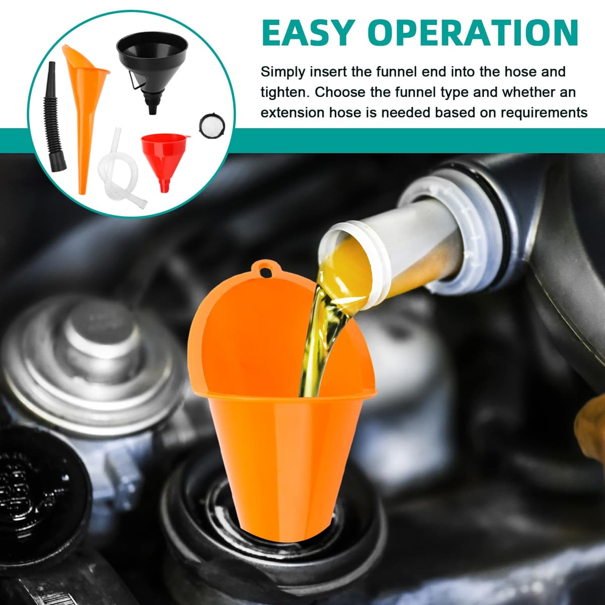 3Pcs Flexible Plastic Funnel Set,Wide Mouth Fuel Funnels,Flexible Right Angle Funnels with Detachable Spout and Filter,Long Mouth Funnel for Car, Motorcycle & Kitchen Gasoline Petrol Engine — view 5