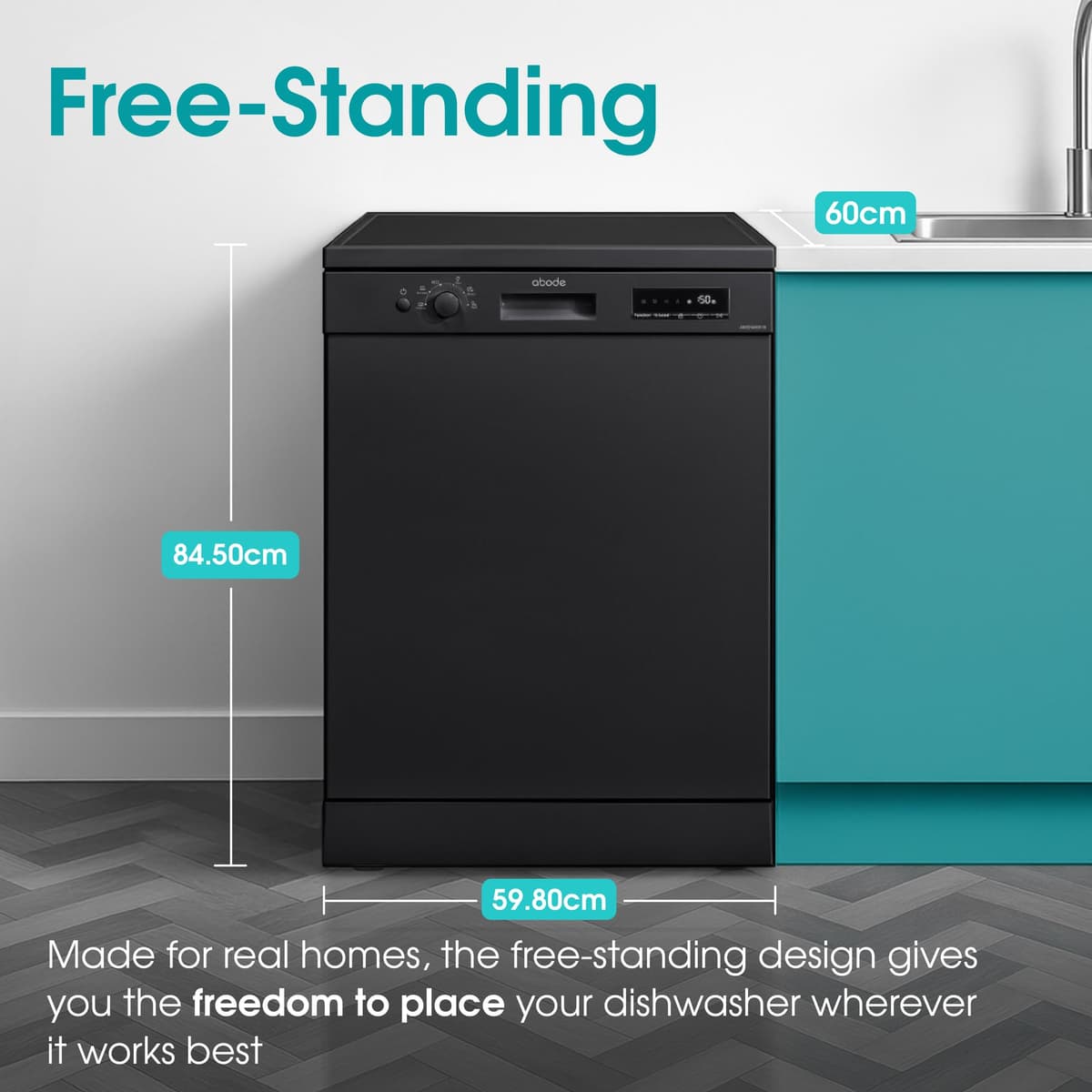 Abode Freestanding Dishwasher Class E with 12 Place Settings, 6 Wash Programs, 24-Hour Delay Start, Removable Cutlery Basket & Deep Clean Function in Black A60DW00E1B — view 4