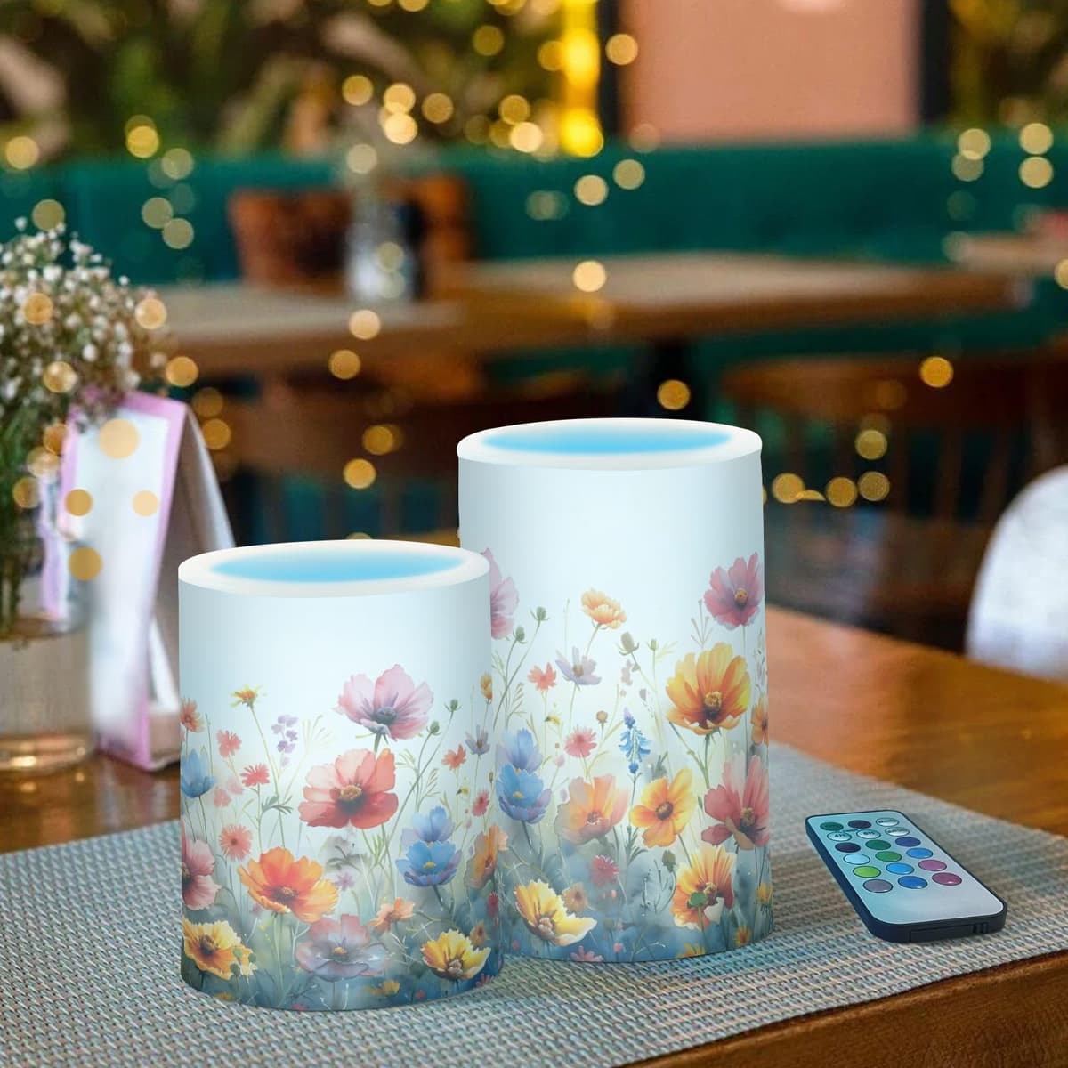 Mnsruu Flickering Flameless Candles Spring Flower Garden LED Candles with Remote Timer Set of 2 Battery Operated Candle Home Decoration — view 3