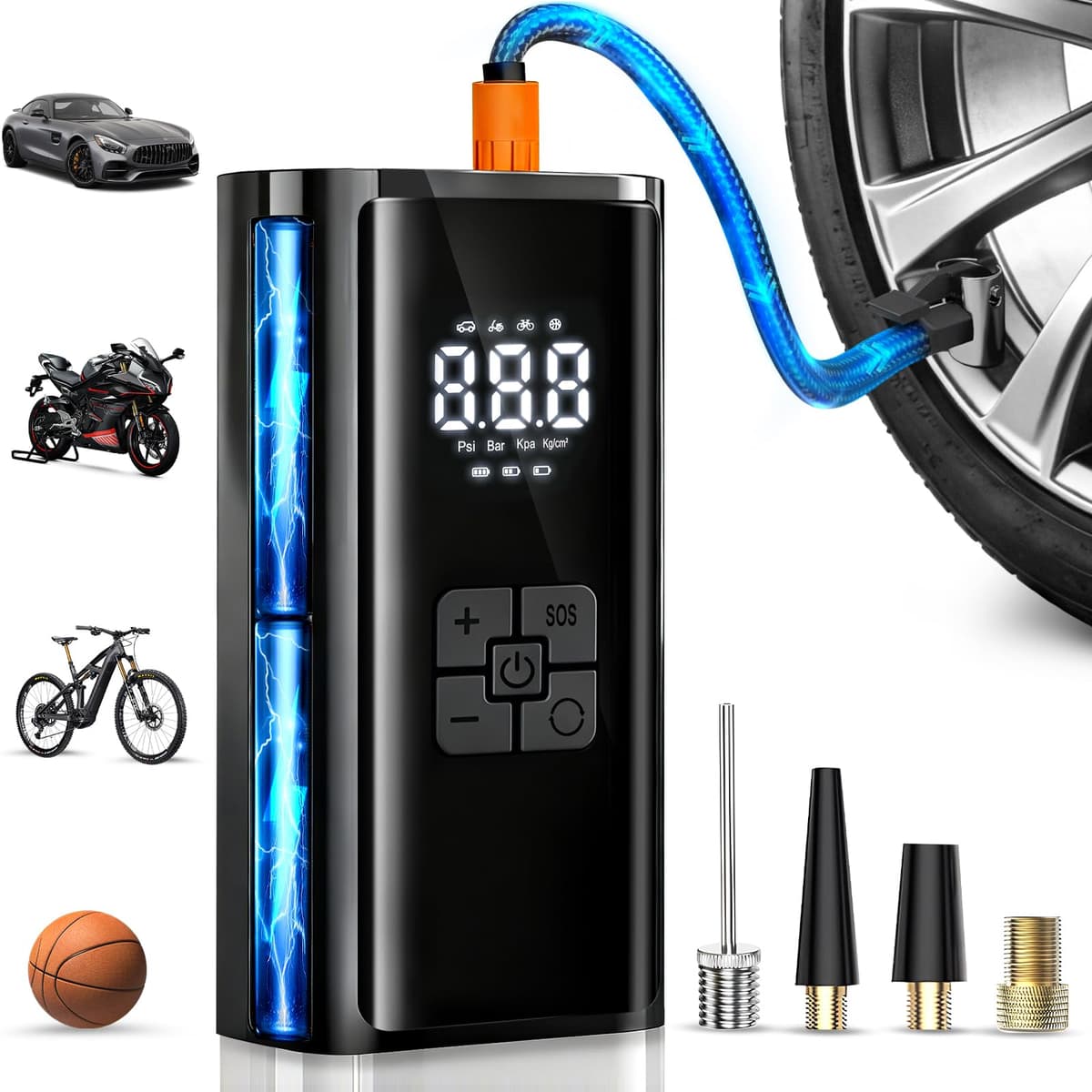 Compresor Aire Portátil, Inflador Ruedas Coche, 150PSI 12V 6000mAh Mini Compresor de Aire con Luz LED, Hinchador Ruedas Coche para Bicicleta, Coche, Moto, Vcooter, Balones