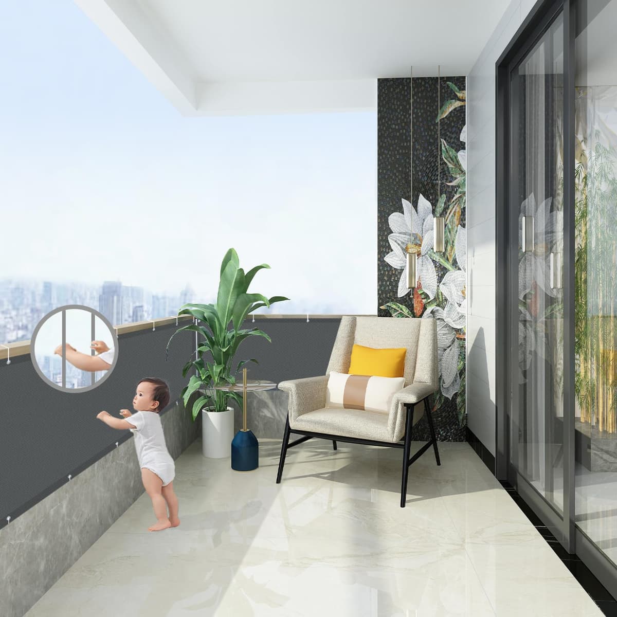 AXT SHADE Pantalla Privacidad Balcón 90x500cm Impermeable Ocultacion Balcon Protección Viento y Los Rayos UV con Ataduras de Cables para Exterior Terraza-Antracita — view 4